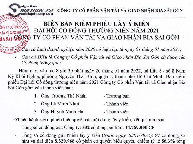 Biên bản kiểm phiếu lấy ý kiến ĐHCĐ 2021