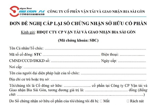 Đơn đề nghị cấp lại sổ chứng nhận sở hữu cổ phần