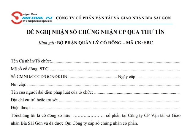 Giấy đề nghị nhận sổ chứng nhận cổ phần qua đường bưu điện