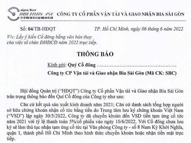 Thông báo về việc lấy ý kiến cổ đông bằng văn bản thay cho việc tổ chức ĐHĐCĐ năm 2022 trực tiếp