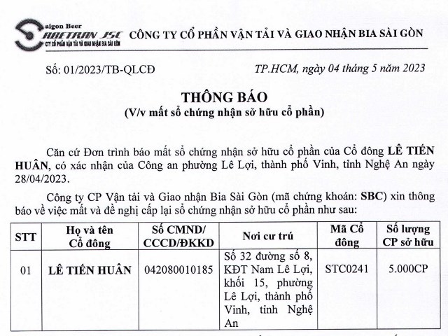 Thông báo về việc mất sổ chứng nhận sở hữu cổ phần của Cổ đông Lê Tiến Huân
