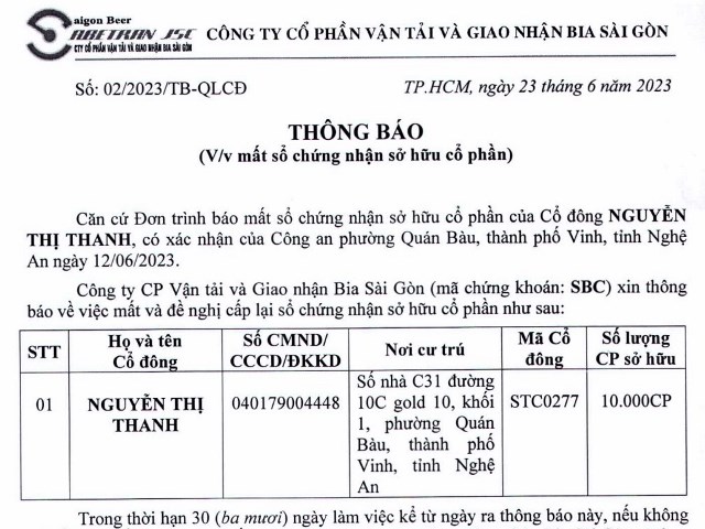 Thông báo về việc mất sổ chứng nhận sở hữu cổ phần của Cổ đông Nguyễn Thị Thanh
