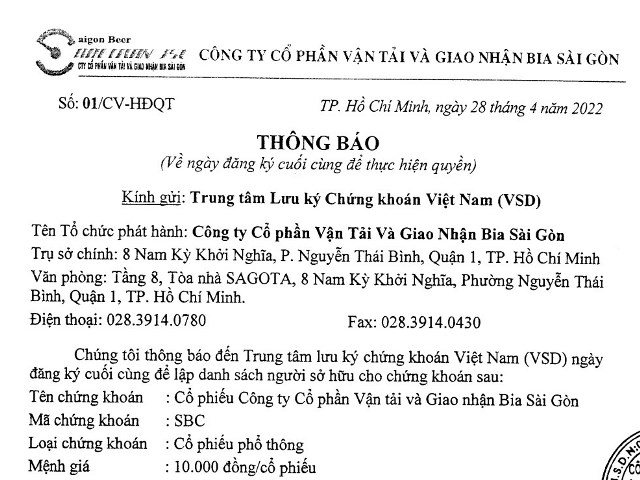 Thông báo về ngày đăng ký cuối cùng để thực hiện quyền ĐHĐCĐ thường niên năm 2022