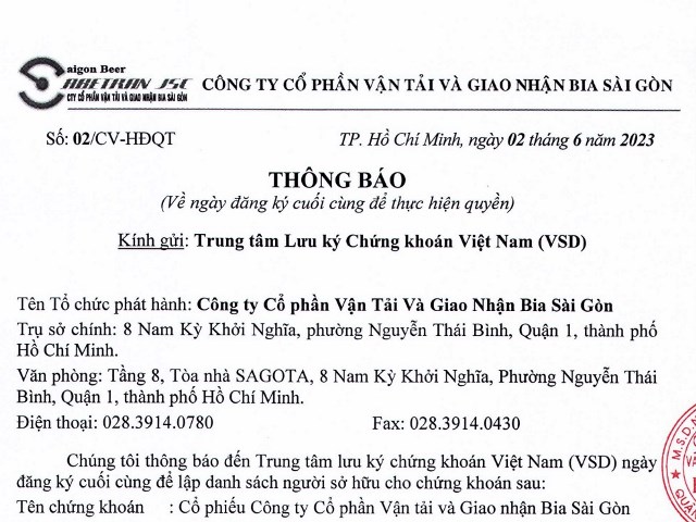 Thông báo về ngày đăng ký cuối cùng để thực hiện quyền nhận cổ tức năm 2022 bằng tiền