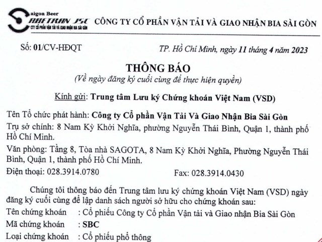 Thông báo về ngày đăng ký cuối cùng để thực hiện quyền Đại hội đồng cổ đông thường niên năm 2023