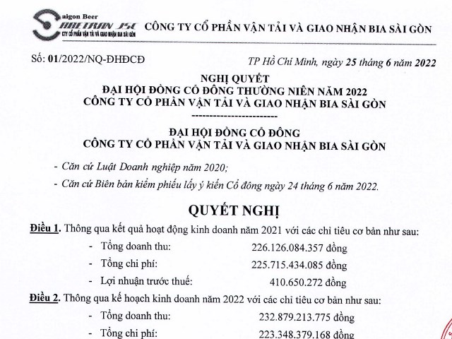 Nghị quyết Đại hội đồng cổ đông thường niên năm 2022