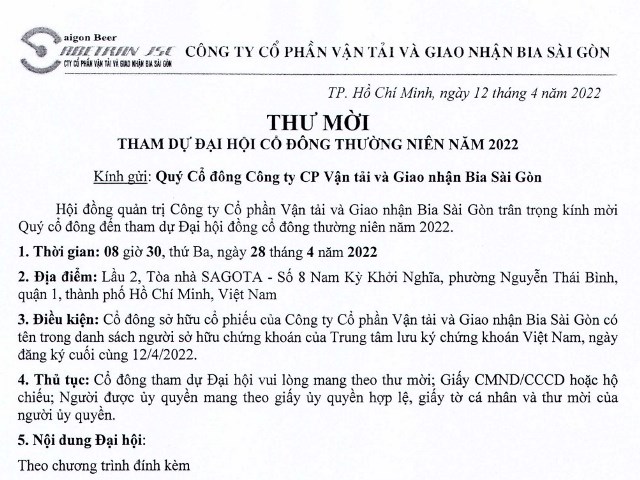 Thư mời tham dự Đại hội đồng cổ đông thường niên năm 2022