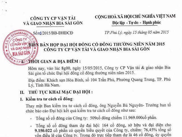 Biên bản họp Đại hội đồng cổ đông thường niên năm 2015