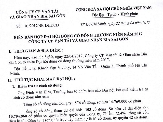Biên bản họp Đại hội đồng cổ đông thường niên năm 2017