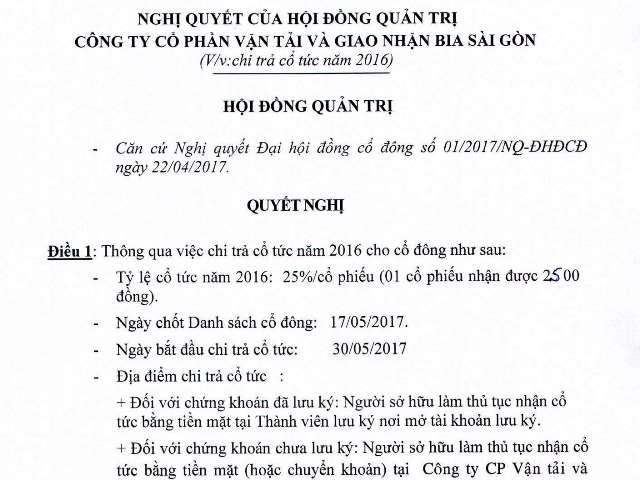 Nghị quyết của Hội đồng quản trị về việc chi trả cổ tức năm 2016