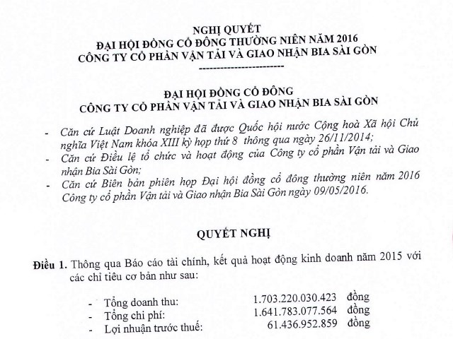 Nghị quyết Đại hội đồng cổ đông thường niên năm 2016