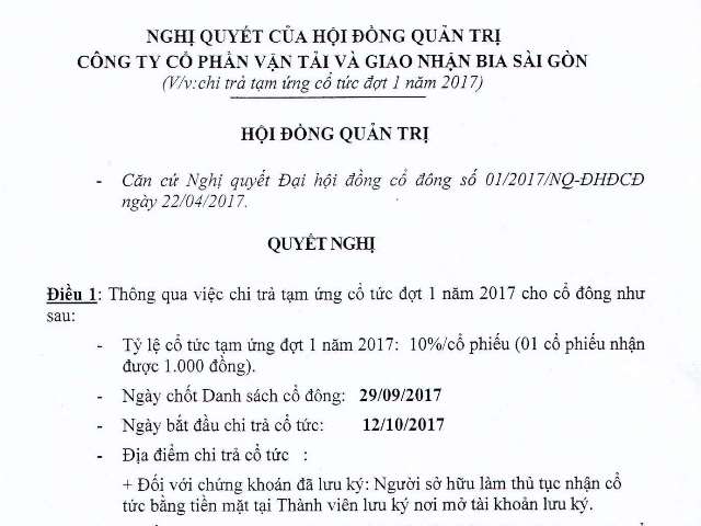 Thông báo chi trả tạm ứng cổ tức đợt 1 năm 2017