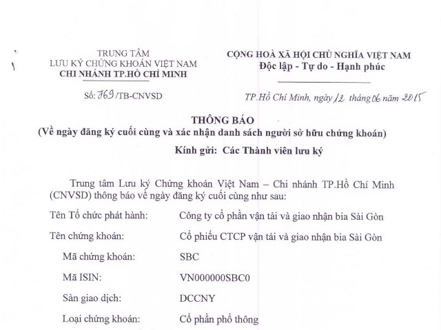 Thông báo về ngày đăng ký cuối cùng và xác nhận danh sách người sở hữu chứng khoán
