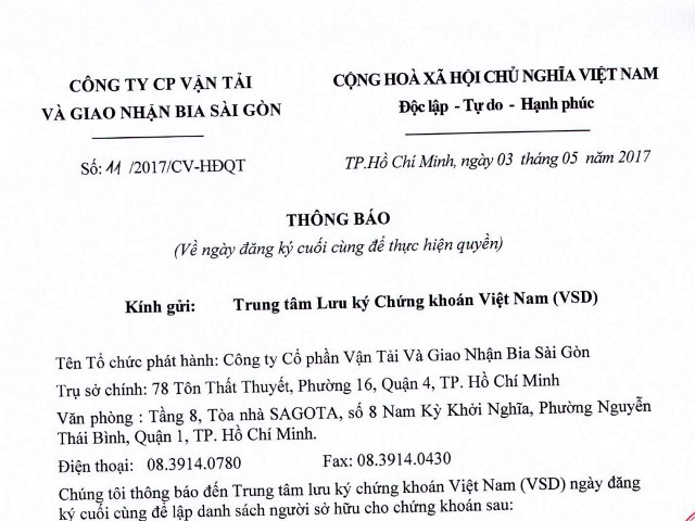 Thông báo về ngày đăng ký cuối cùng để thực hiện quyền nhận cổ tức 2016