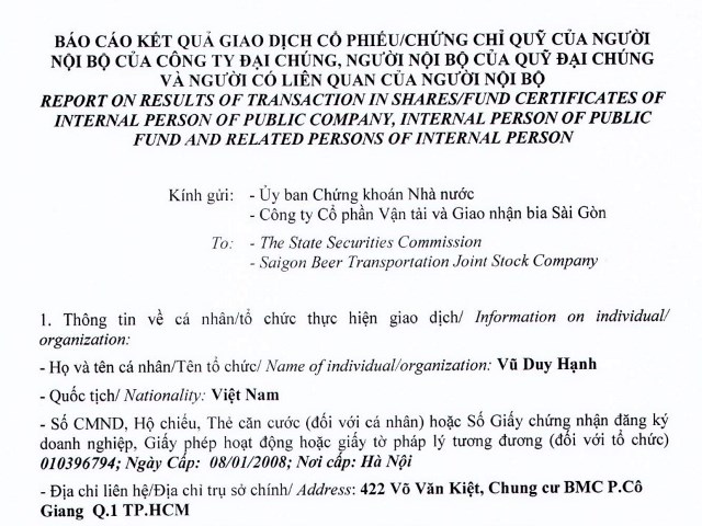 Báo cáo giao dịch cổ phiếu của cổ đông nội bộ ông Vũ Duy Hạnh