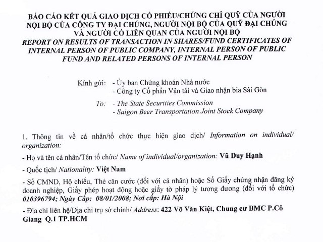 Báo cáo giao dịch cổ phiếu của cổ đông nội bộ ông Vũ Duy Hạnh