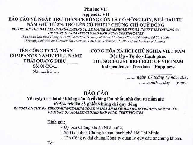 Báo cáo về ngày trở thành cổ đông lớn của ông Thái Quang Diệu