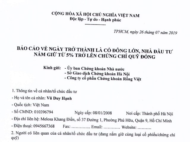 Báo cáo về ngày trở thành cổ đông lớn của ông Vũ Duy Hạnh