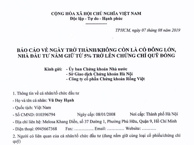 Báo cáo về ngày trở thành cổ đông lớn của ông Vũ Duy Hạnh