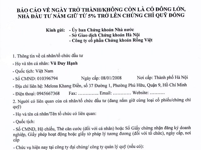 Báo cáo về ngày trở thành cổ đông lớn của ông Vũ Duy Hạnh