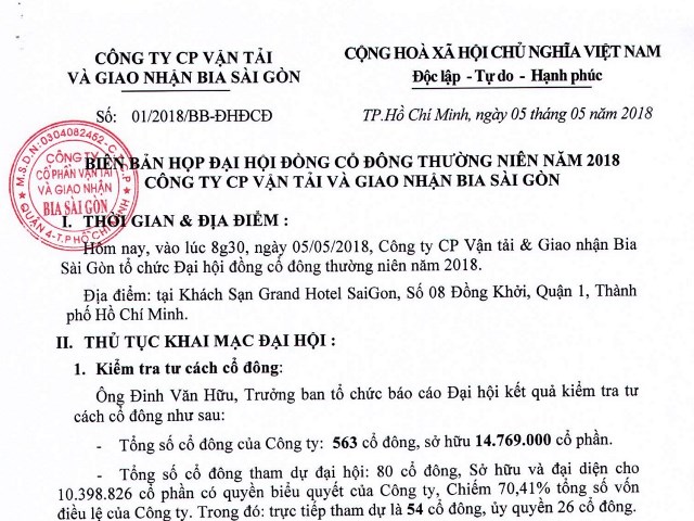 Biên bản họp Đại hội đồng cổ đông thường niên năm 2018