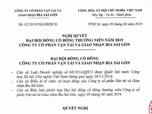 Nghị quyết Đại hội đồng cổ đông thường niên năm 2019