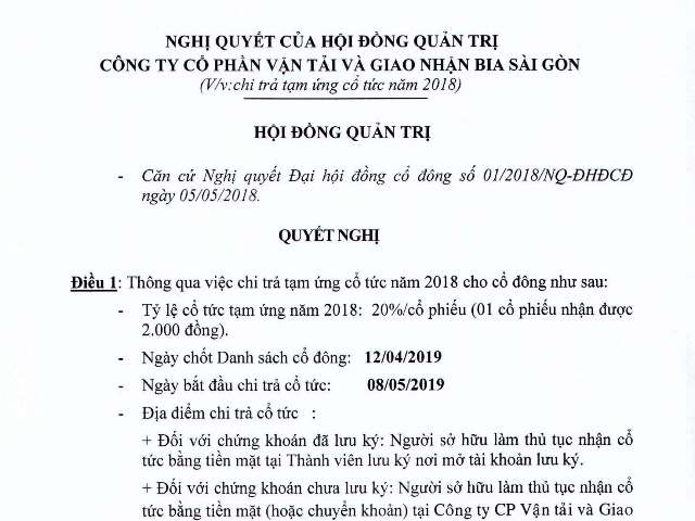 Nghị quyết về việc chi trả tạm ứng cổ tức năm 2018