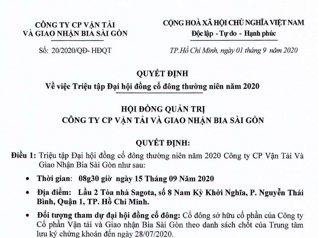 Quyết định về việc triệu tập Đại hội đồng cổ đông thường niên năm 2020