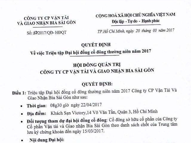 Thông báo về việc đăng ký tham dự Đại hội đồng cổ đông thường niên năm 2017