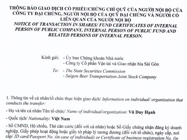 Thông báo giao dịch cổ phiếu của cổ đông nội bộ ông Vũ Duy Hạnh