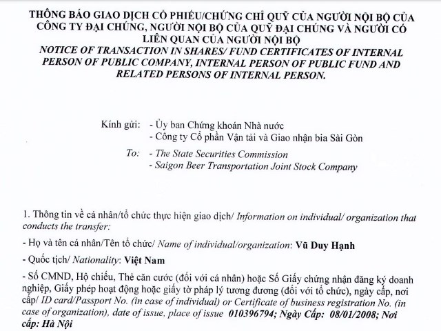 Thông báo giao dịch cổ phiếu của cổ đông nội bộ ông Vũ Duy Hạnh