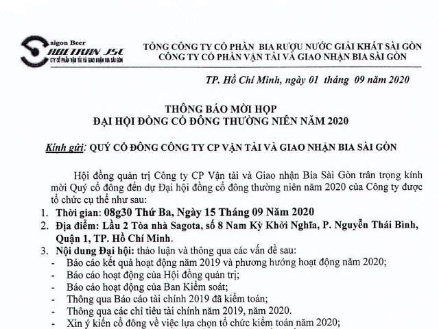 Thông báo mời họp Đại hội đồng cổ đông thường niên năm 2020