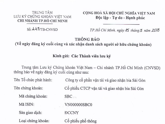 Thông báo về ngày đăng ký cuối cùng và xác nhận danh sách người sở hữu chứng khoán