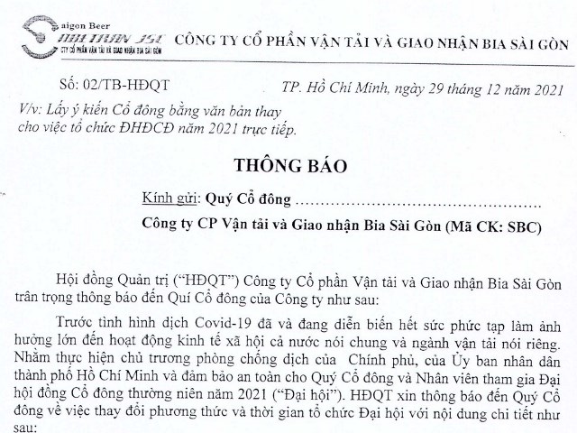Thông báo về việc lấy ý kiến cổ đông bằng văn bản thay cho việc tổ chức ĐHĐCĐ năm 2021 trực tiếp