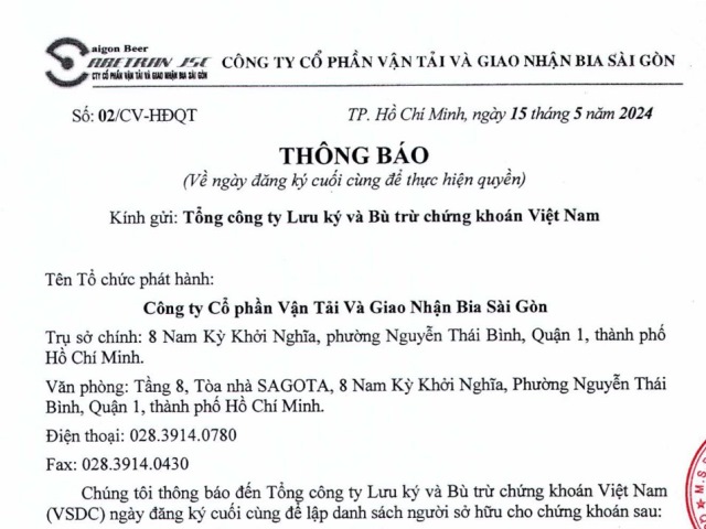 Thông báo về ngày đăng ký cuối cùng để thực hiện quyền ĐHĐCĐ 2024