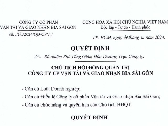 Công bố thông tin về việc bổ nhiệm P.TGĐ Thường trực