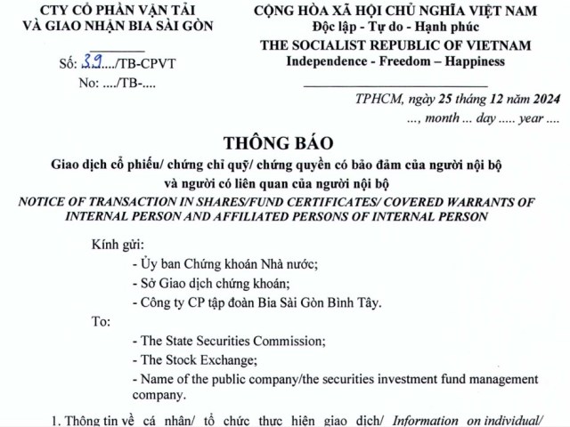 Thông báo giao dịch cổ phiếu của người nội bộ
